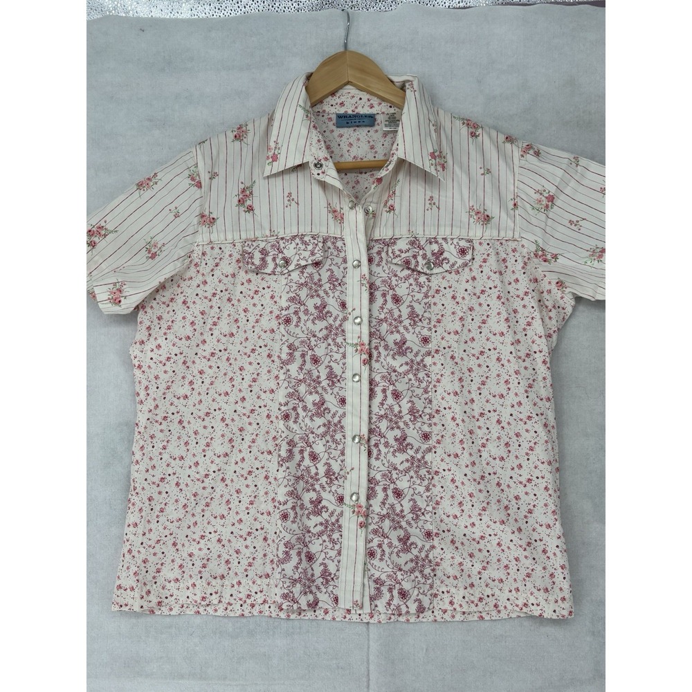 Wrangler Blues Womens L Pink Floral  Western Pearl Snap Sh/SL Blouse Cowgirl
